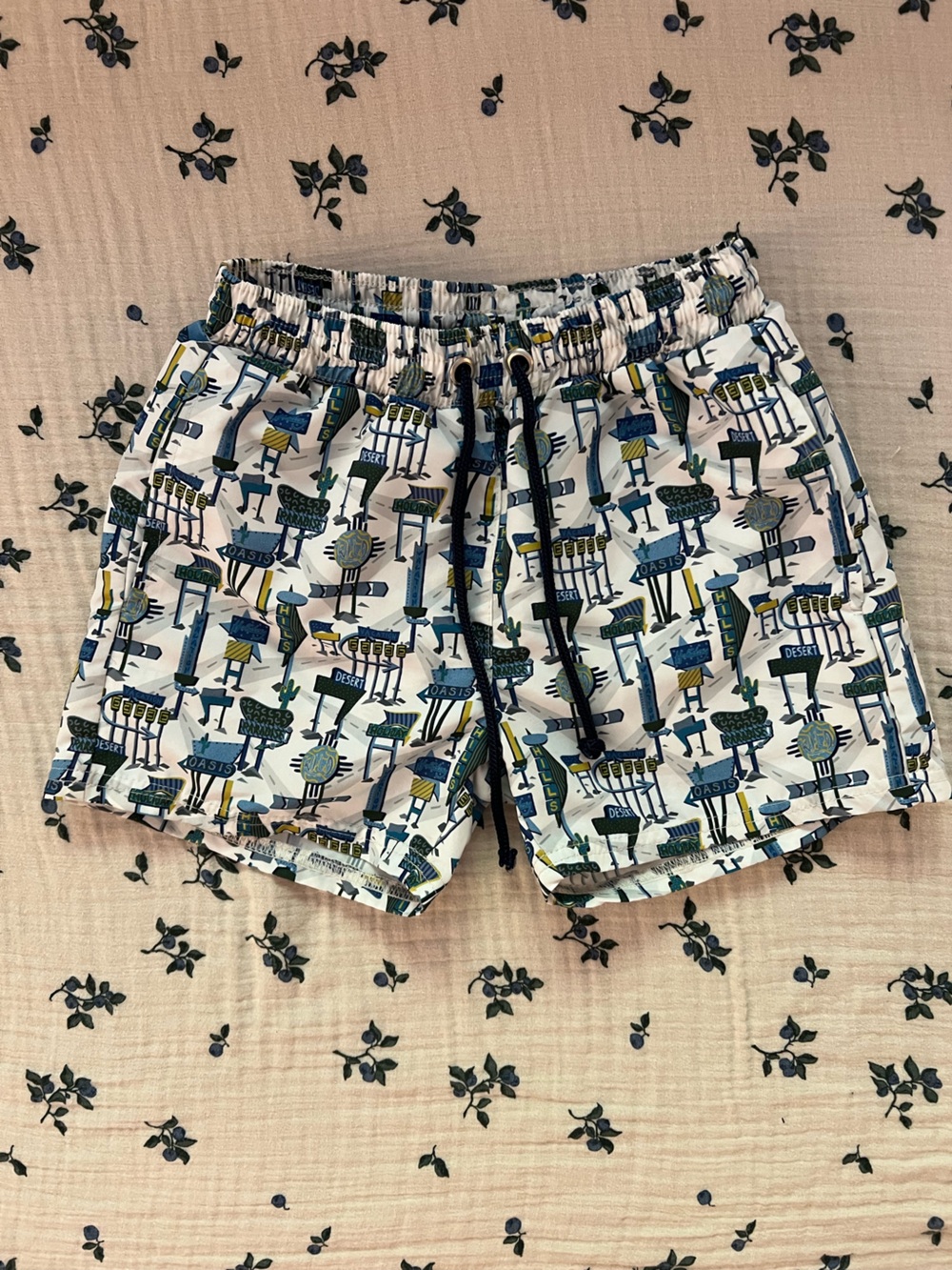 Olivier London Toddler Boys Patterned Swim Trunks in White, Navy & Green -2/3Y